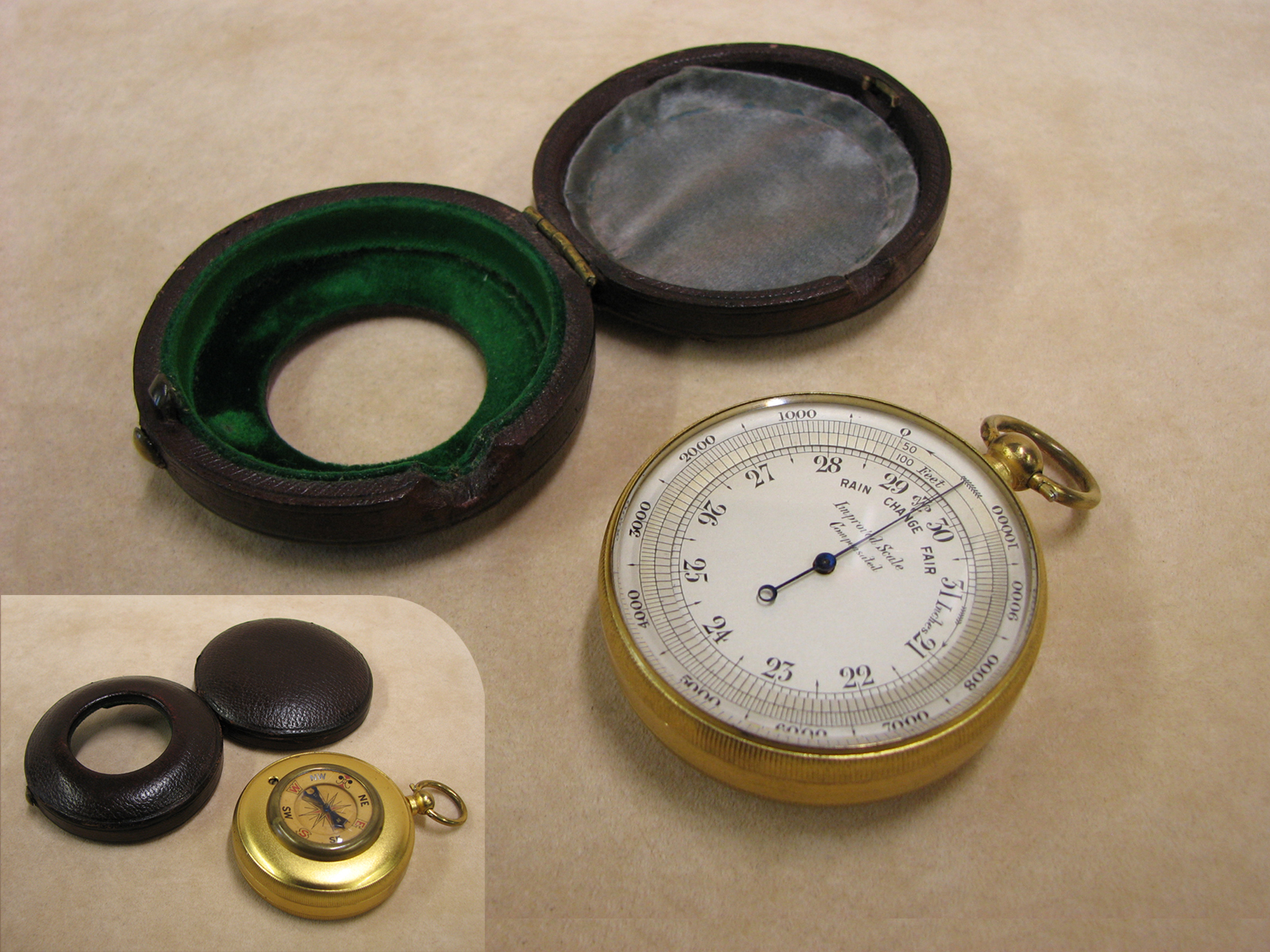 Victorian pocket barometer and compass compendium with Improved Scale dial